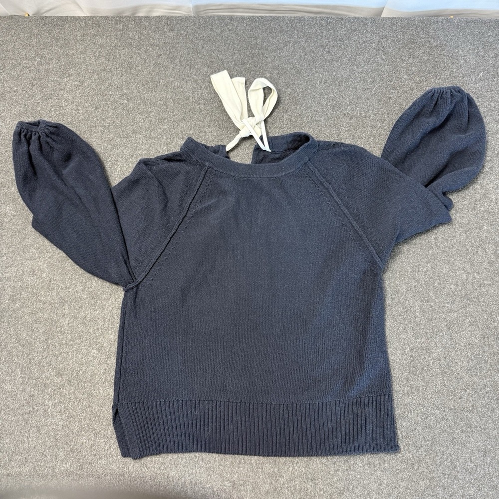 Anthropologie Navy Tie Neck Knit Sweater Top Blouson Sleeve M - Picture 6 of 7